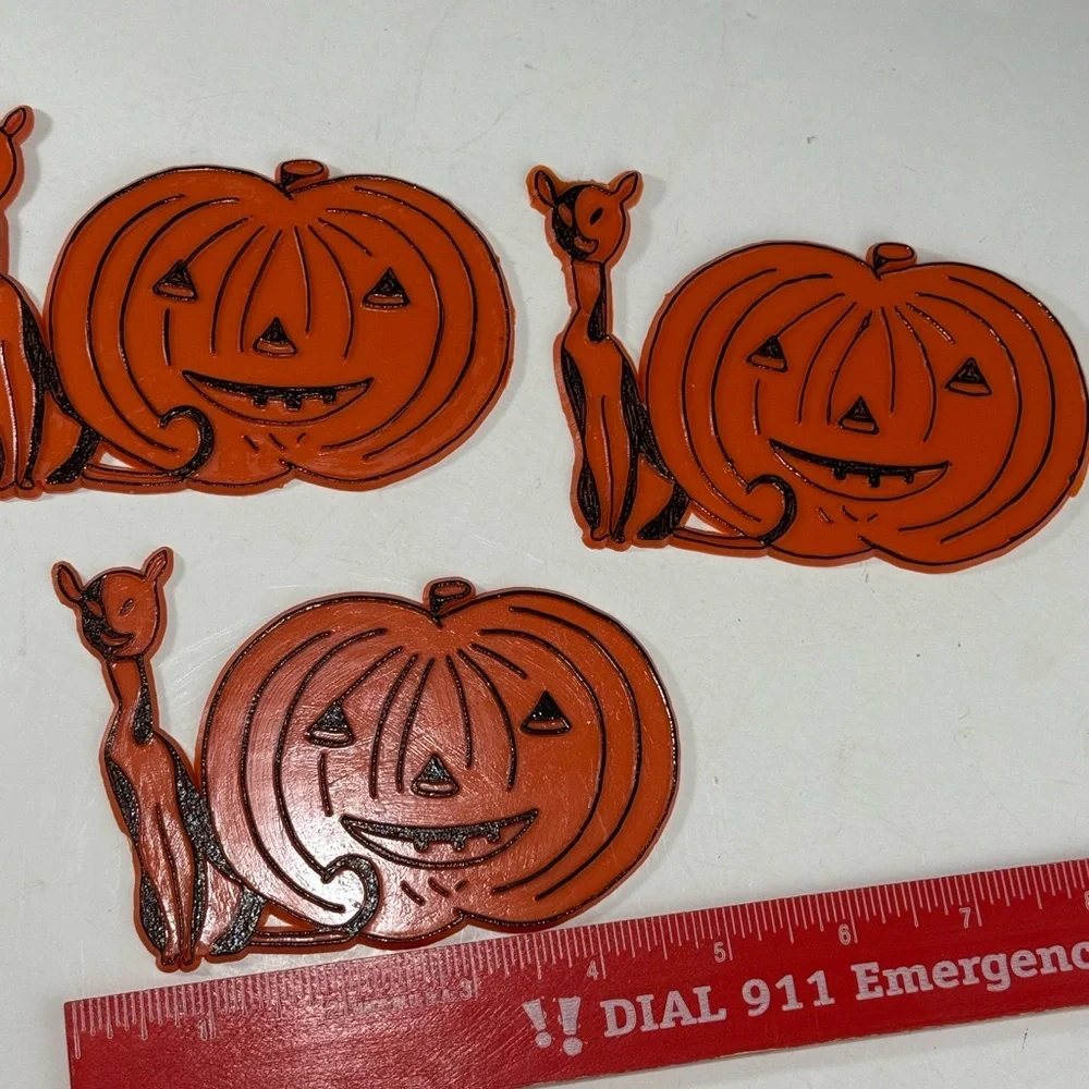 Vintage Orange Jack-o-Lantern Pumpkin & Cat Halloween Cake Craft Decor lot of 3